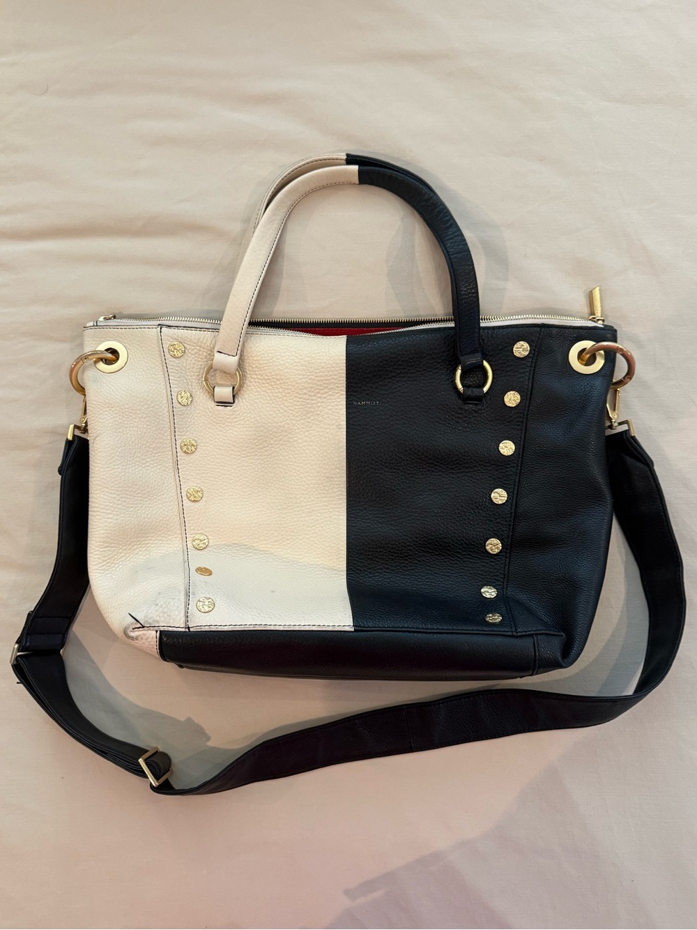 Hammitt Two-Tone Black and Cream Leather Satchel Bag